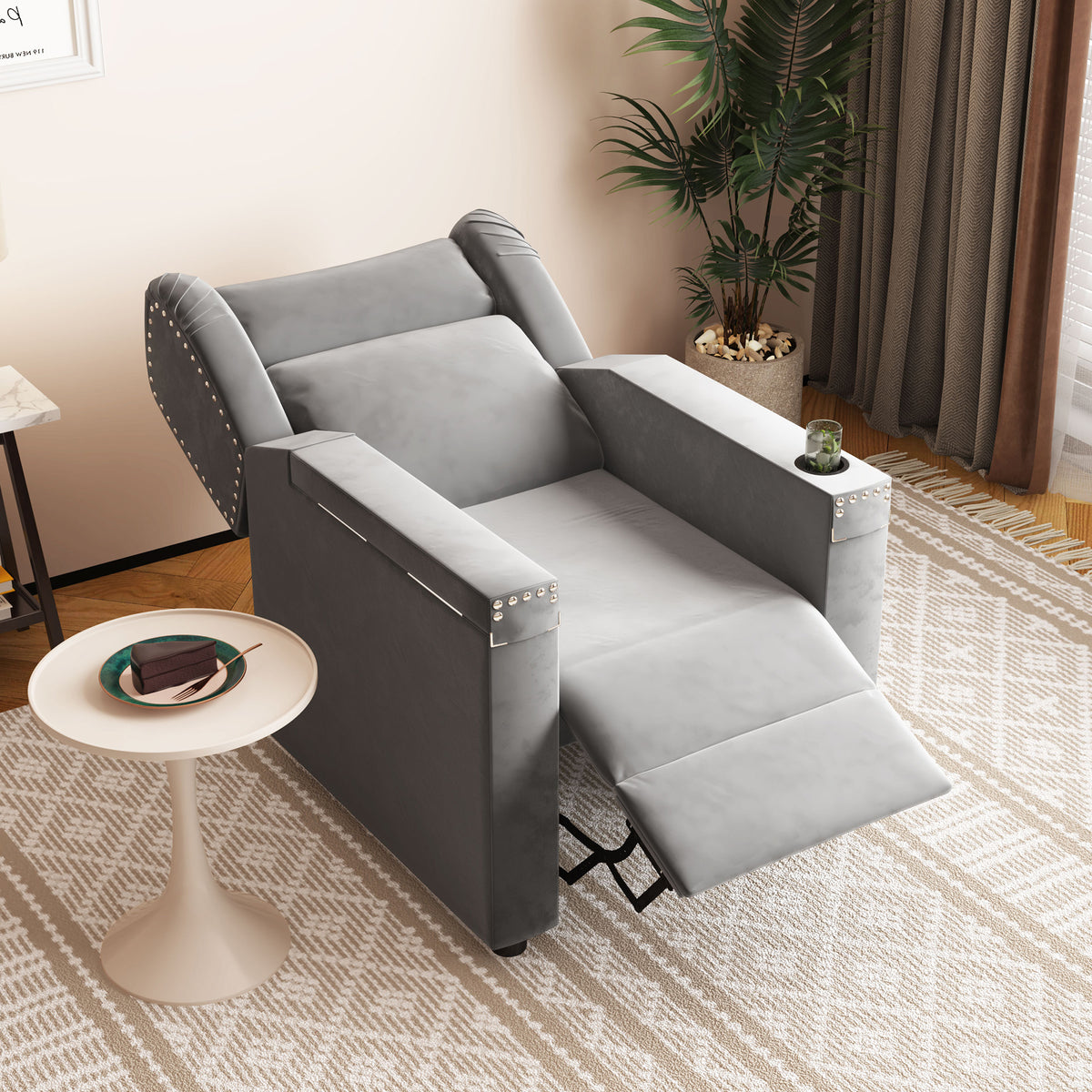 Gray Velvet Recliner Chair with Cup Holder and Table F6759