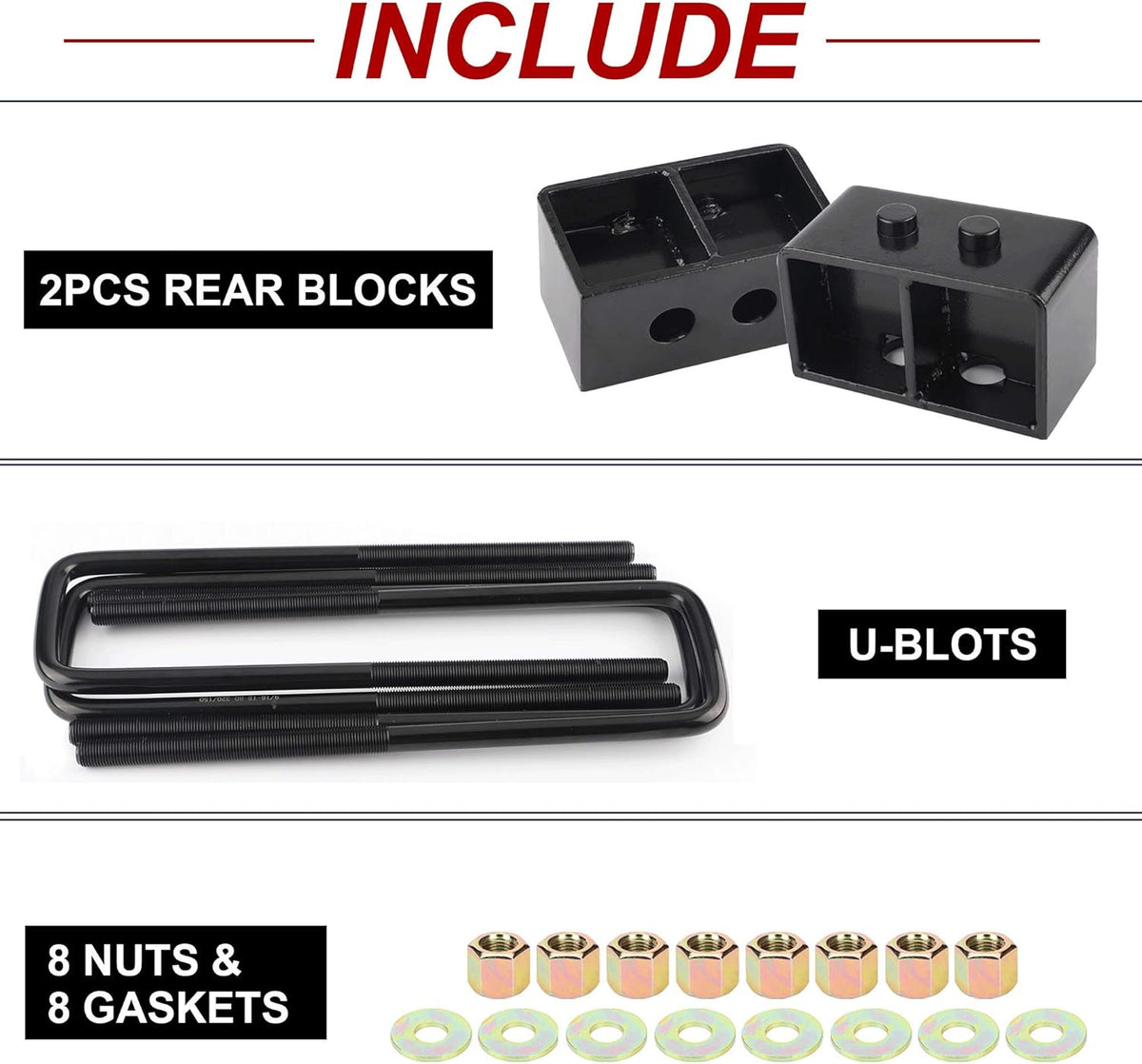 3" Rear Leveling Lift Block Kits Square U-Bolts Pickup Pack of 2 Z106762