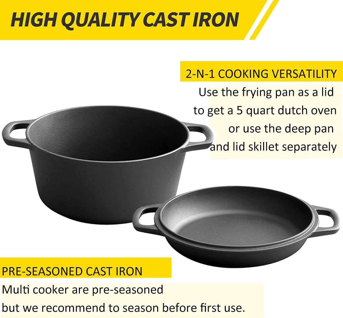 2-In-1 Pre-Seasoned Cast Iron Dutch Oven Set, 5-Quart Pack of 2 C49006