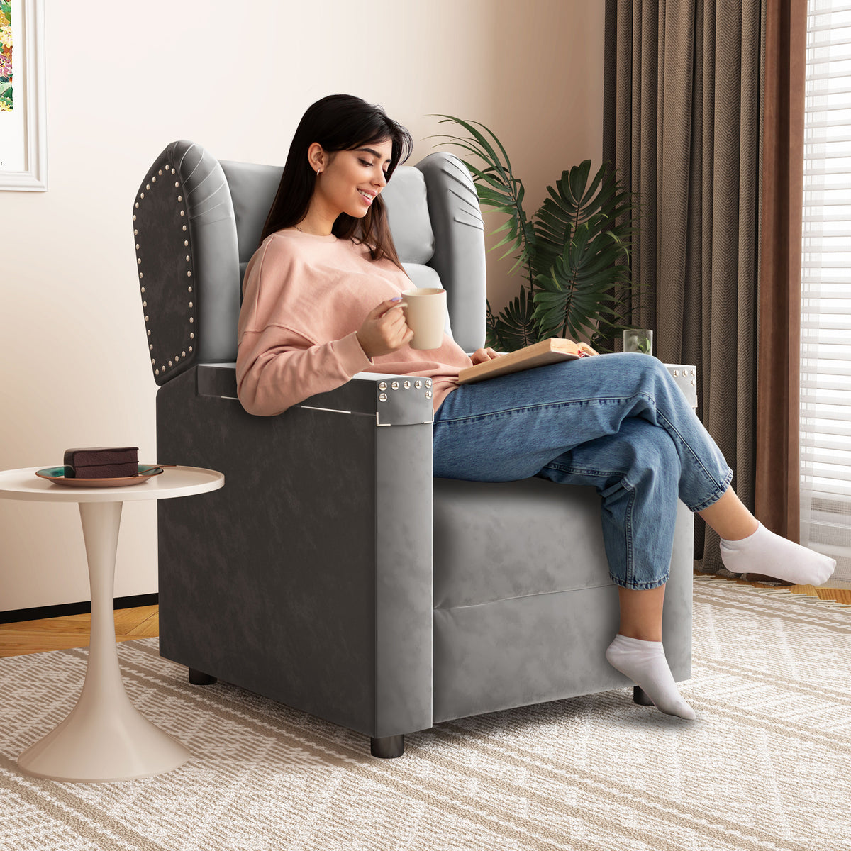 Gray Velvet Recliner Chair with Cup Holder and Table F6759