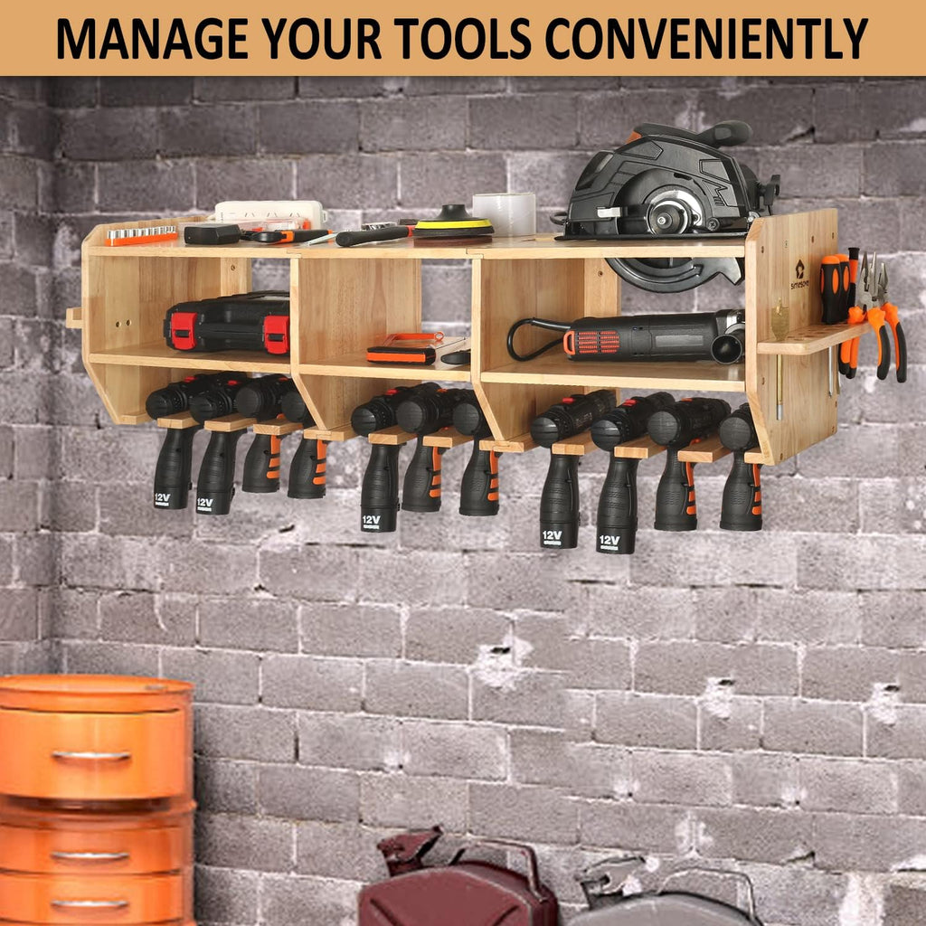 Large Power Tool Organizer, Drill Holder Storage Wall Mounted, 12 Tool Organizer Slots, Solid Wooden Drill Charging Station S203
