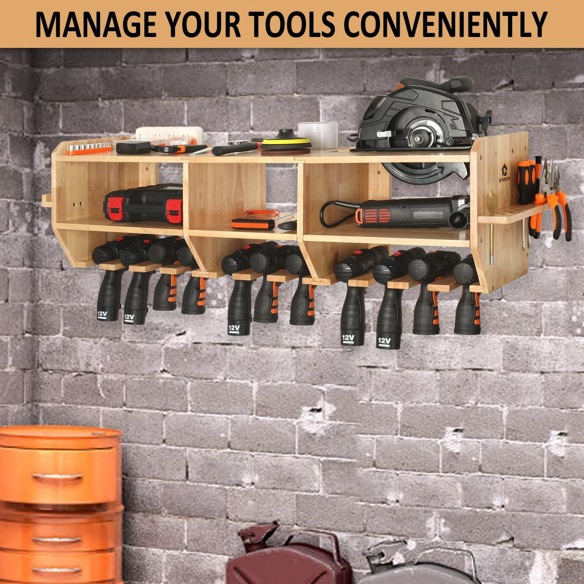 Large Power Tool Organizer, Drill Holder Storage Wall Mounted, 12 Tool Organizer Slots, Solid Wooden Drill Charging Station S203