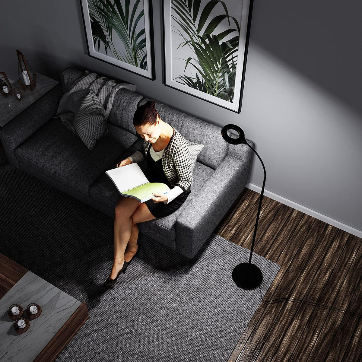 Black Dimmable LED Floor Lamp with Adjustable Gooseneck A14593