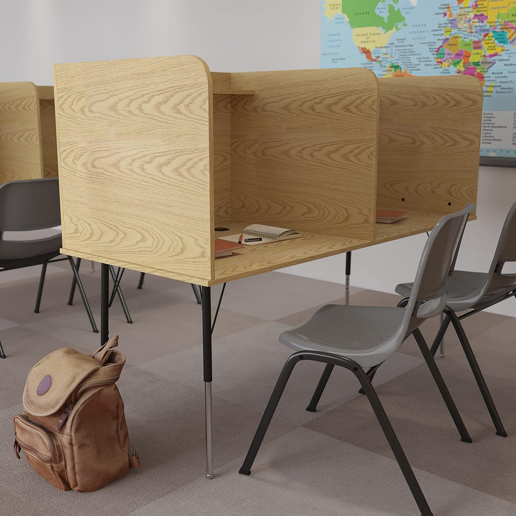 Oak Finish Double Study Carrel with Height Adjustable Legs S9688