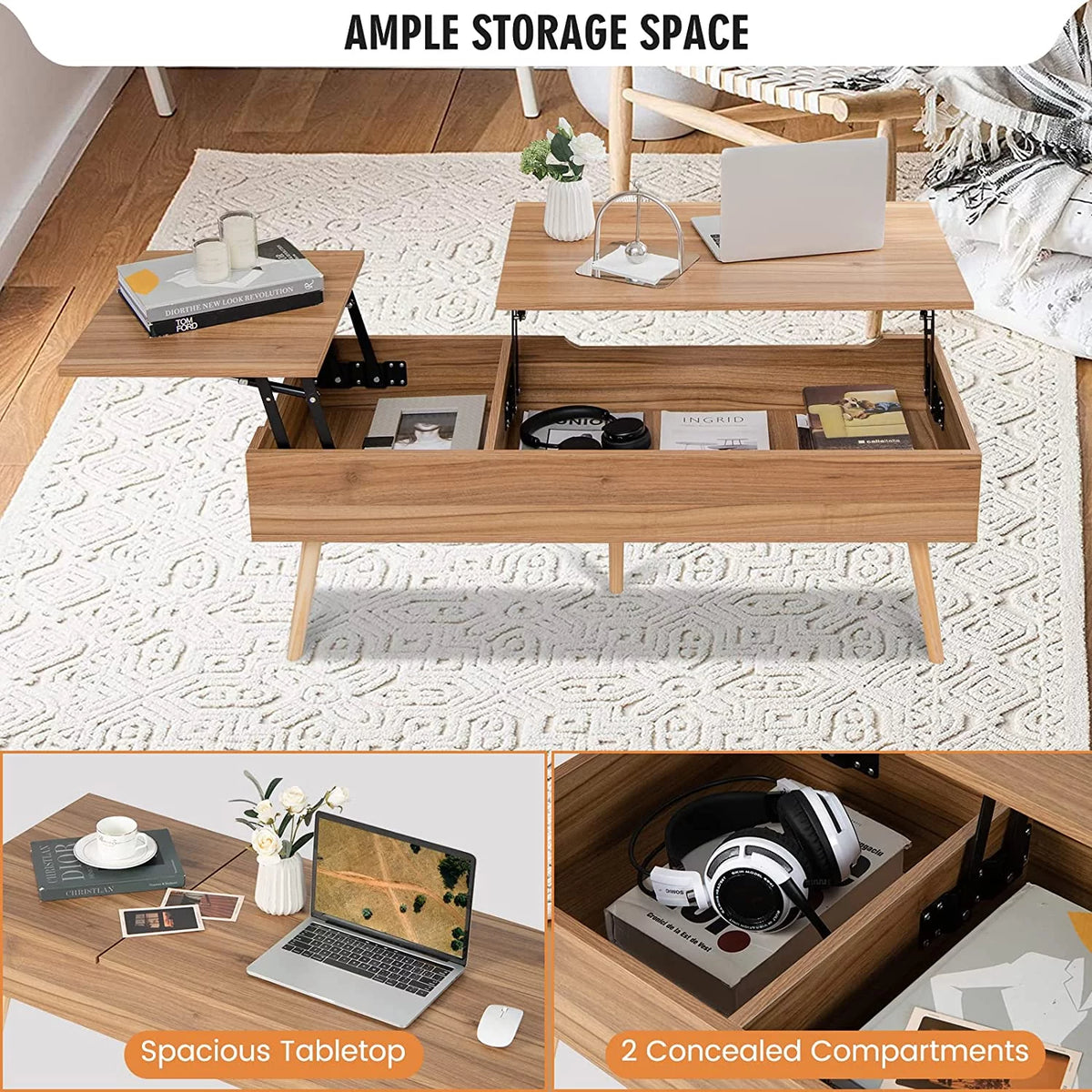 47 Inch Lift Top Coffee Table with Storage, Split Top, 2 Hidden Compartments & 5 Solid Wood Legs, Brown J22134