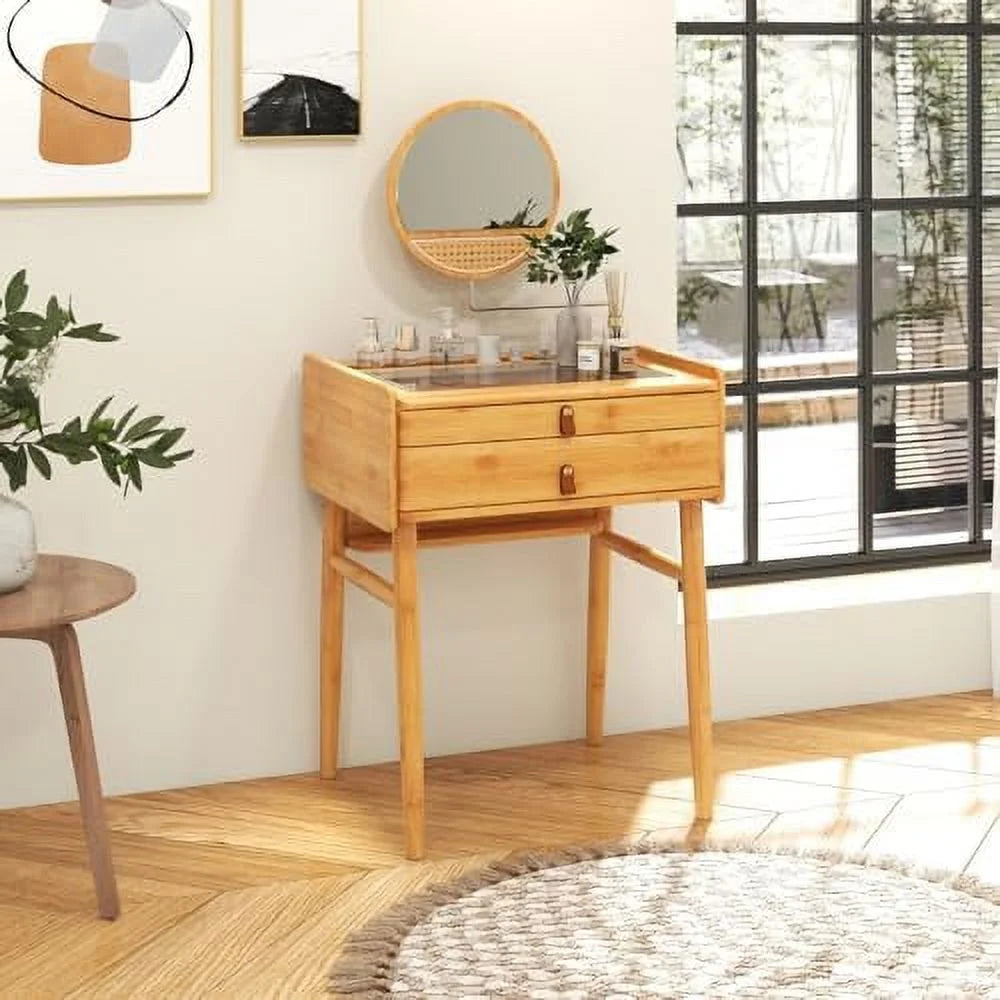 Vanity Desk with Rotating Mirror 2 Drawers Tempered Glass Tabletop D356