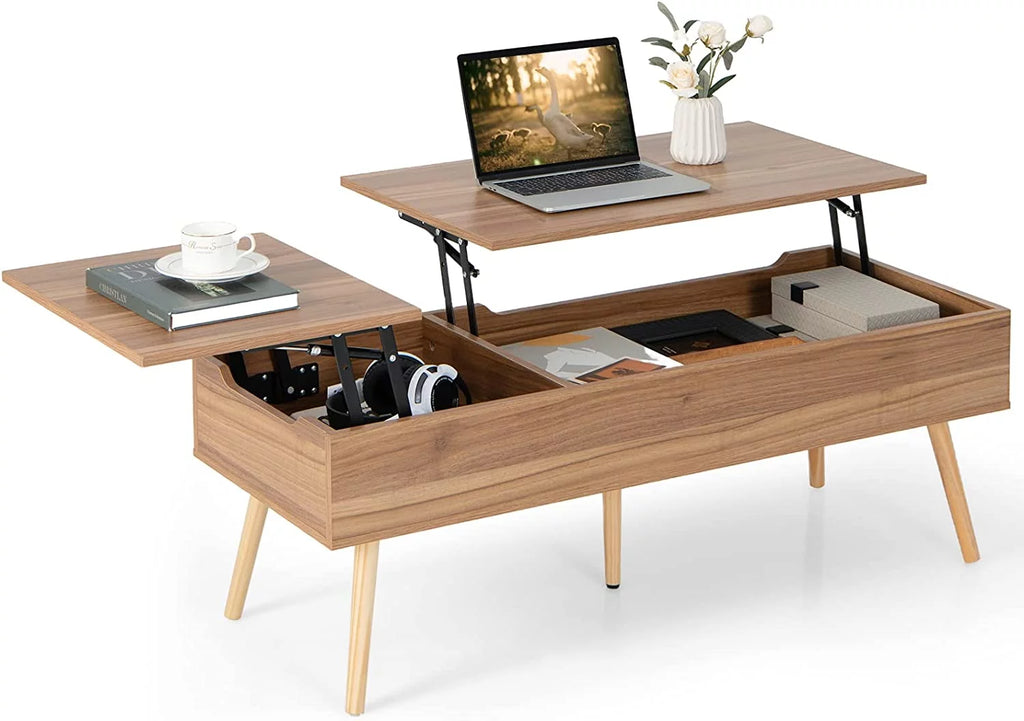 47 Inch Lift Top Coffee Table with Storage, Split Top, 2 Hidden Compartments & 5 Solid Wood Legs, Brown J22134