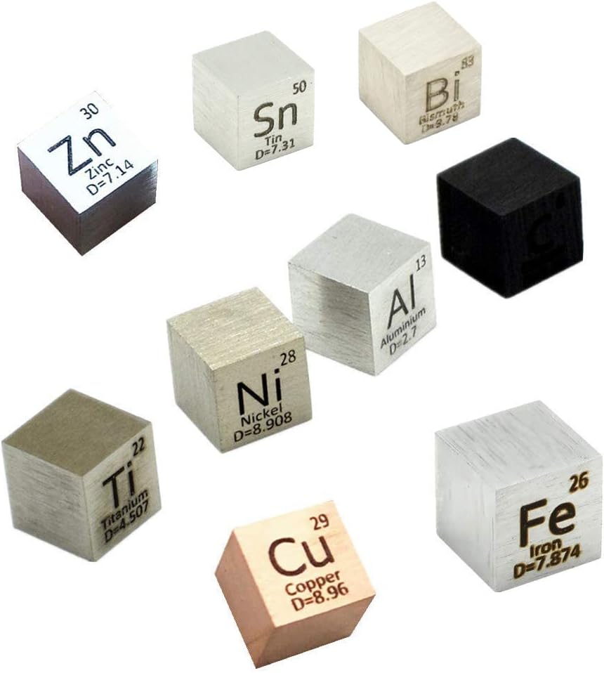 9 PCS 10mm Density Cubes Pure Metal Cubes Titanium Bismuth Carbon Nickel Iron Copper Zinc Aluminium Tin N39478