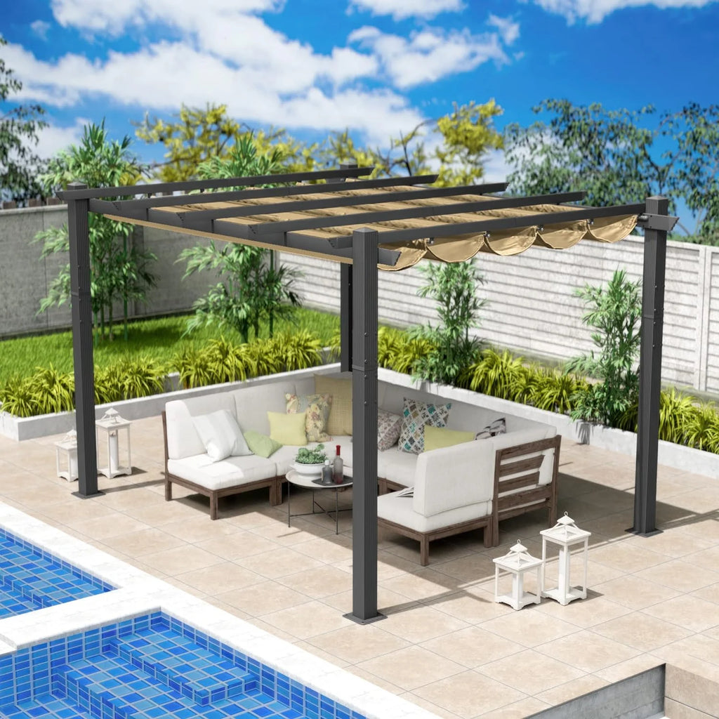 Extra-Large Gray Aluminum Frame Pergola with Sunshade Canopy 10'x12' Beige I431517