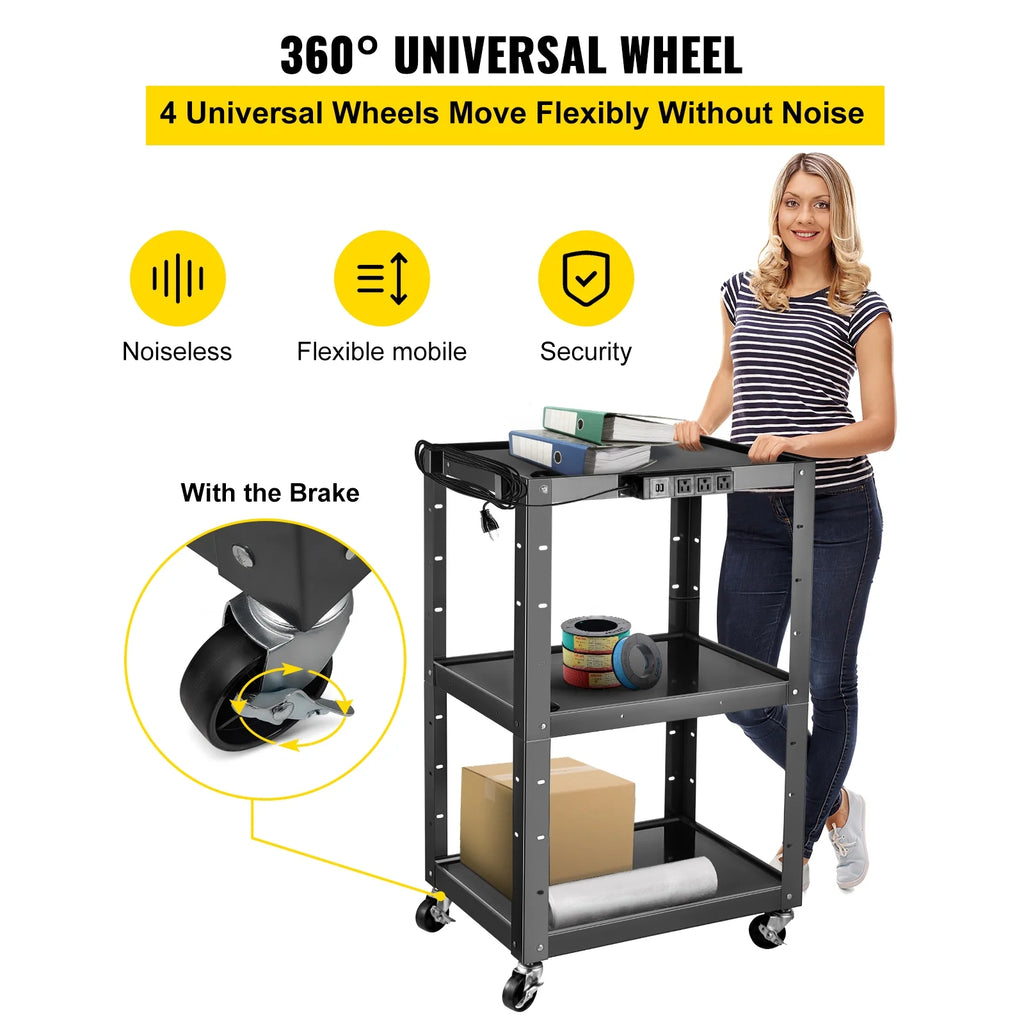 3-Shelf Steel AV Cart with Electric Power Cord J960572