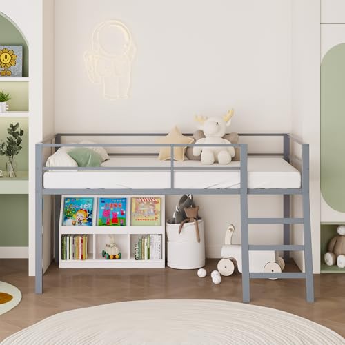 Grey Twin Loft Bed with Ladder and Guardrail G2887