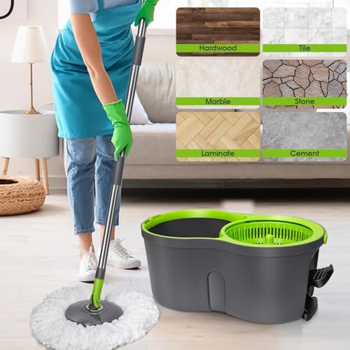 Pedal Spin Mop and Bucket with Wringer Set, 3 Mop Pads F388935