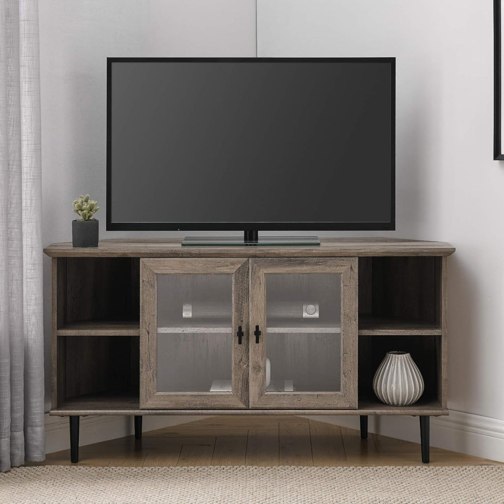 Dark Walnut 48 Inch Wood Corner TV Stand with Glass Cabinet Doors N723