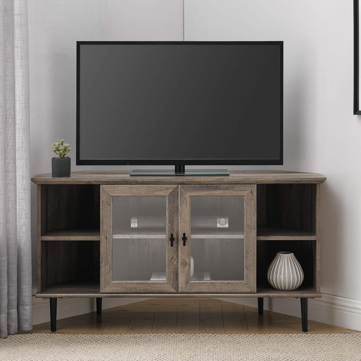 Dark Walnut 48 Inch Wood Corner TV Stand with Glass Cabinet Doors N723