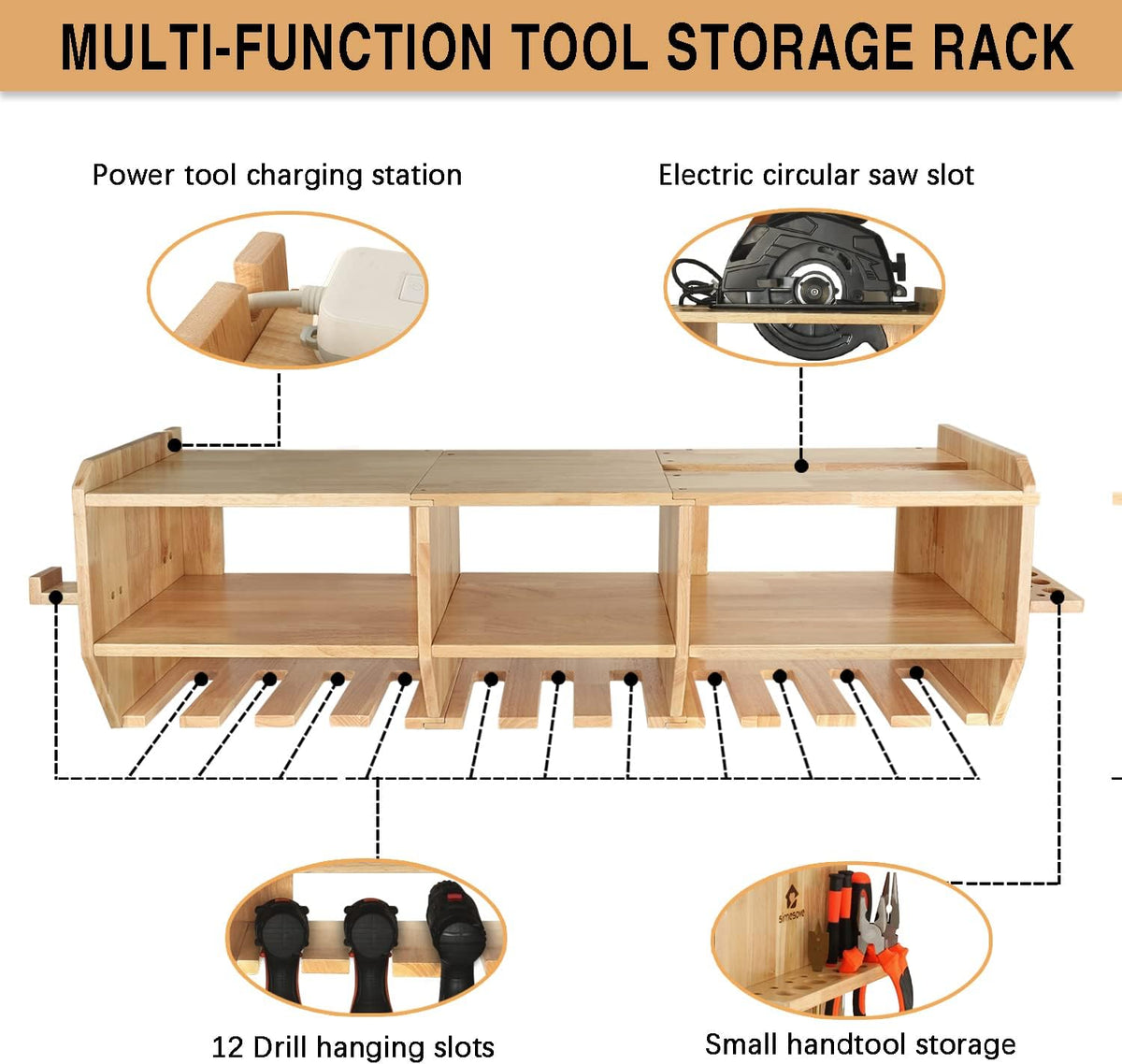 Large Power Tool Organizer, Drill Holder Storage Wall Mounted, 12 Tool Organizer Slots, Solid Wooden Drill Charging Station S203