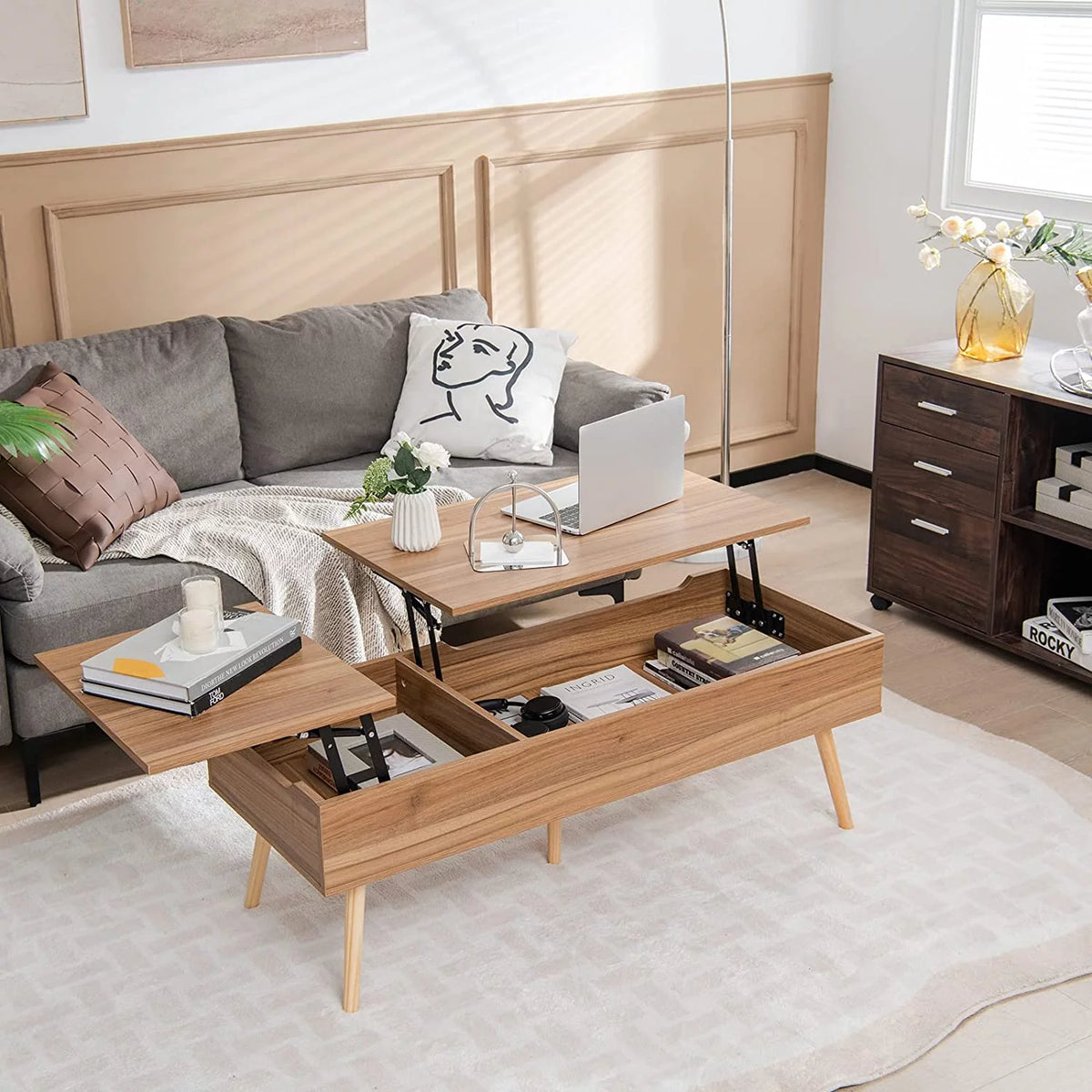 47 Inch Lift Top Coffee Table with Storage, Split Top, 2 Hidden Compartments & 5 Solid Wood Legs, Brown J22134