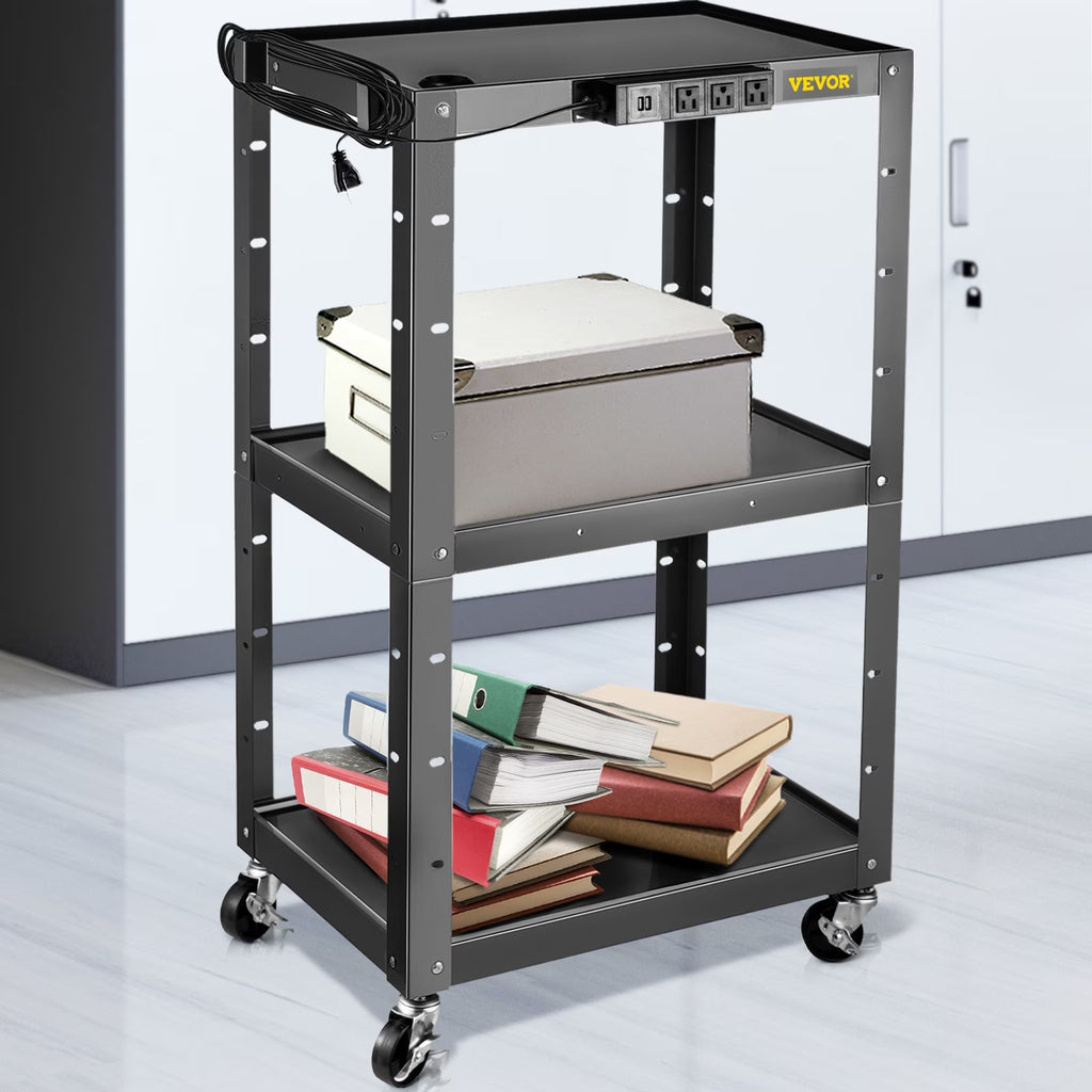 3-Shelf Steel AV Cart with Electric Power Cord J960572