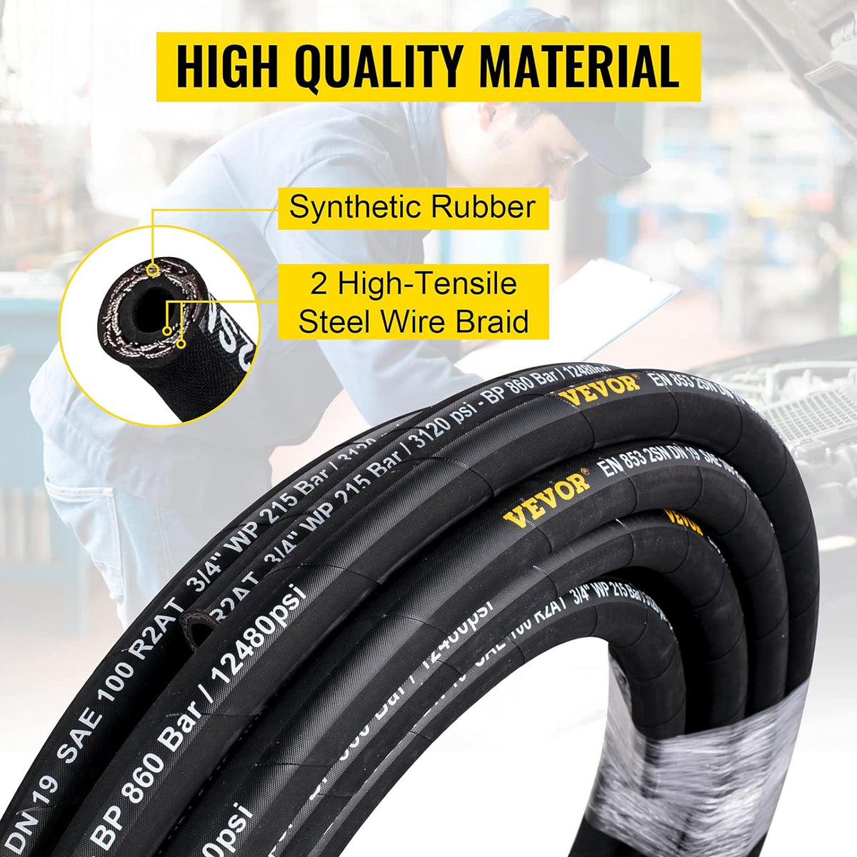 1/4 inch x 100 ft Rubber Hydraulic Hose, 5800 PSI, Pack of 2 K899