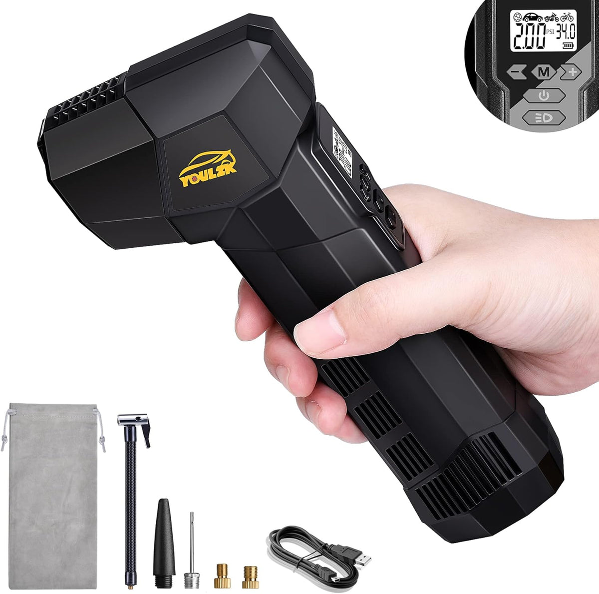 Electric Handheld Tire Inflator, 6000mAh Rechargeable Cordless Bike Pump, Digital Display, Pack of 2 C15174