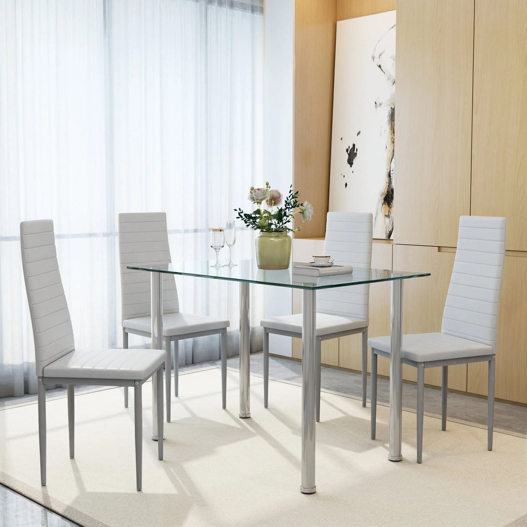 White 5 Pieces Tempered Glass Dining Table Set with 4 Chairs I401