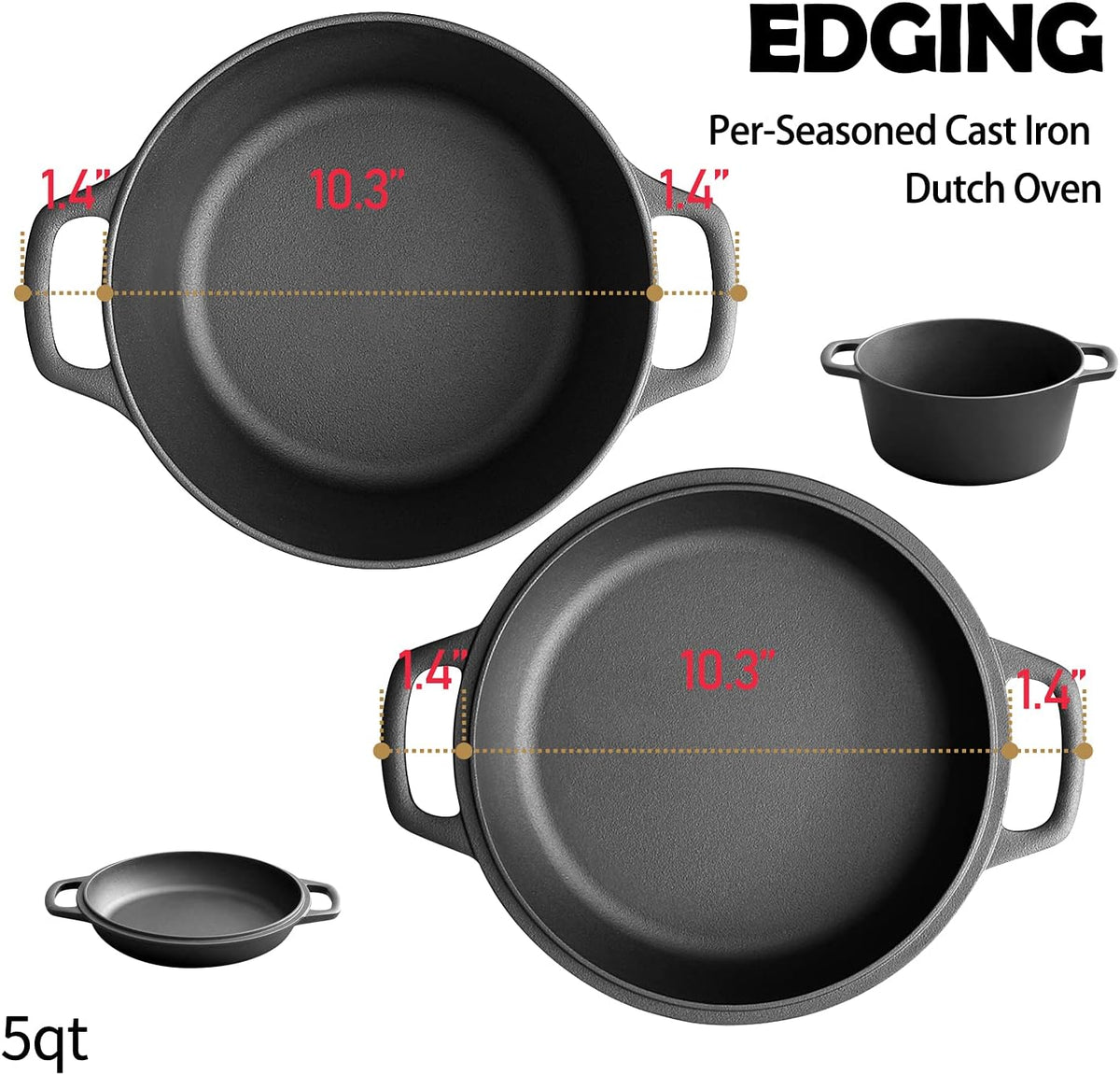 2-In-1 Pre-Seasoned Cast Iron Dutch Oven Set, 5-Quart Pack of 2 C49006