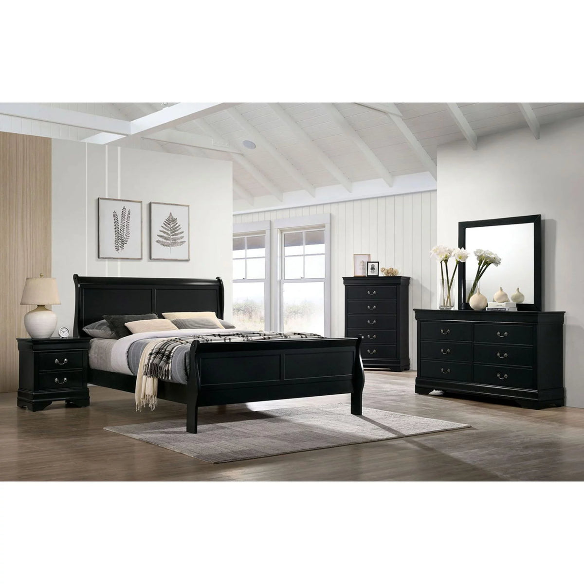 Black Queen Size Solidwood Sleigh Bed P42081