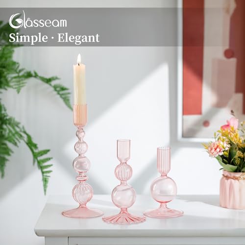 Pink Glass Candlestick Holder Set of 3 Q688582