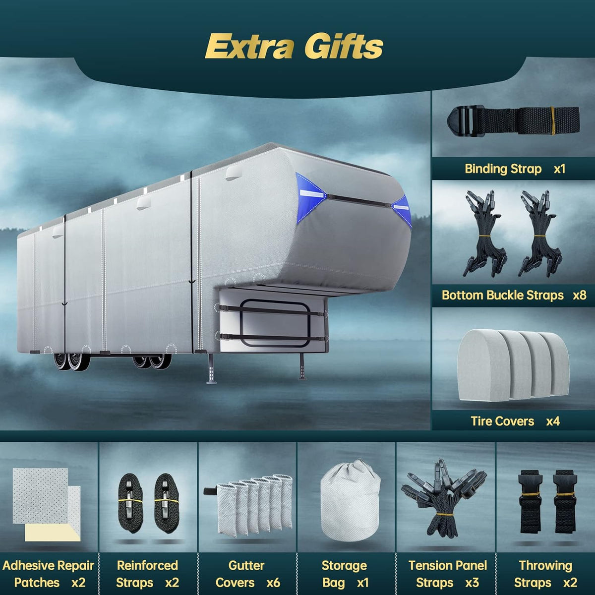 5th Wheel RV Trailer Cover with 4 Tire Covers & Windproof Straps C29544