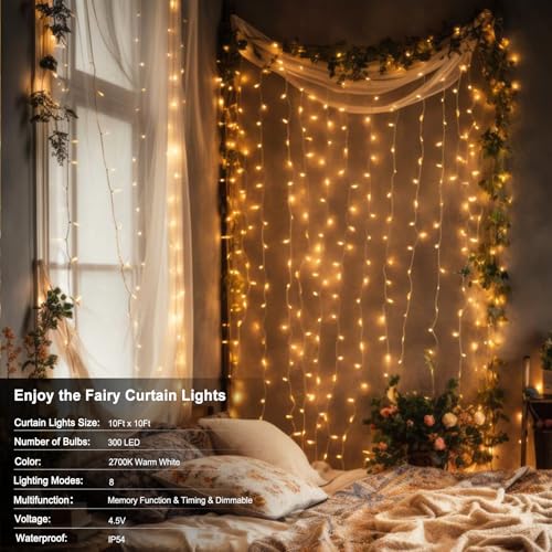 300 LED Battery Operated Curtain Lights with Remote Timer Warm White X423