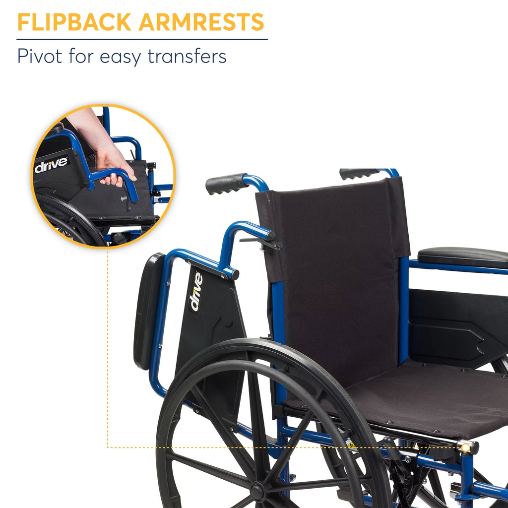 Blue Streak Wheelchair with Flip Back Desk Arms, Elevating Leg Rests, 16" Seat I324