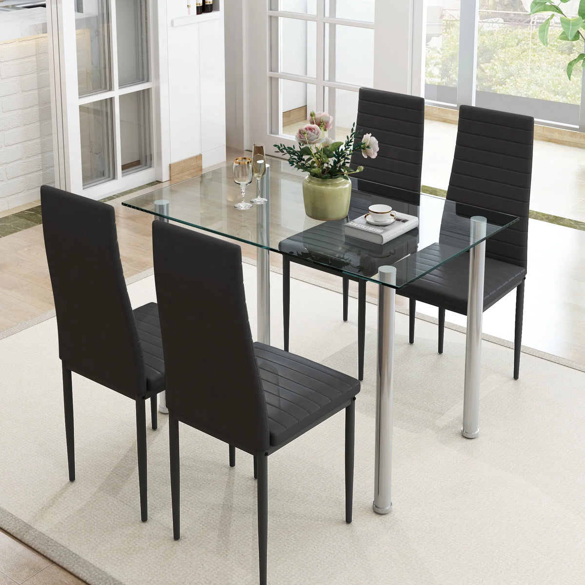 White 5 Pieces Tempered Glass Dining Table Set with 4 Chairs I401