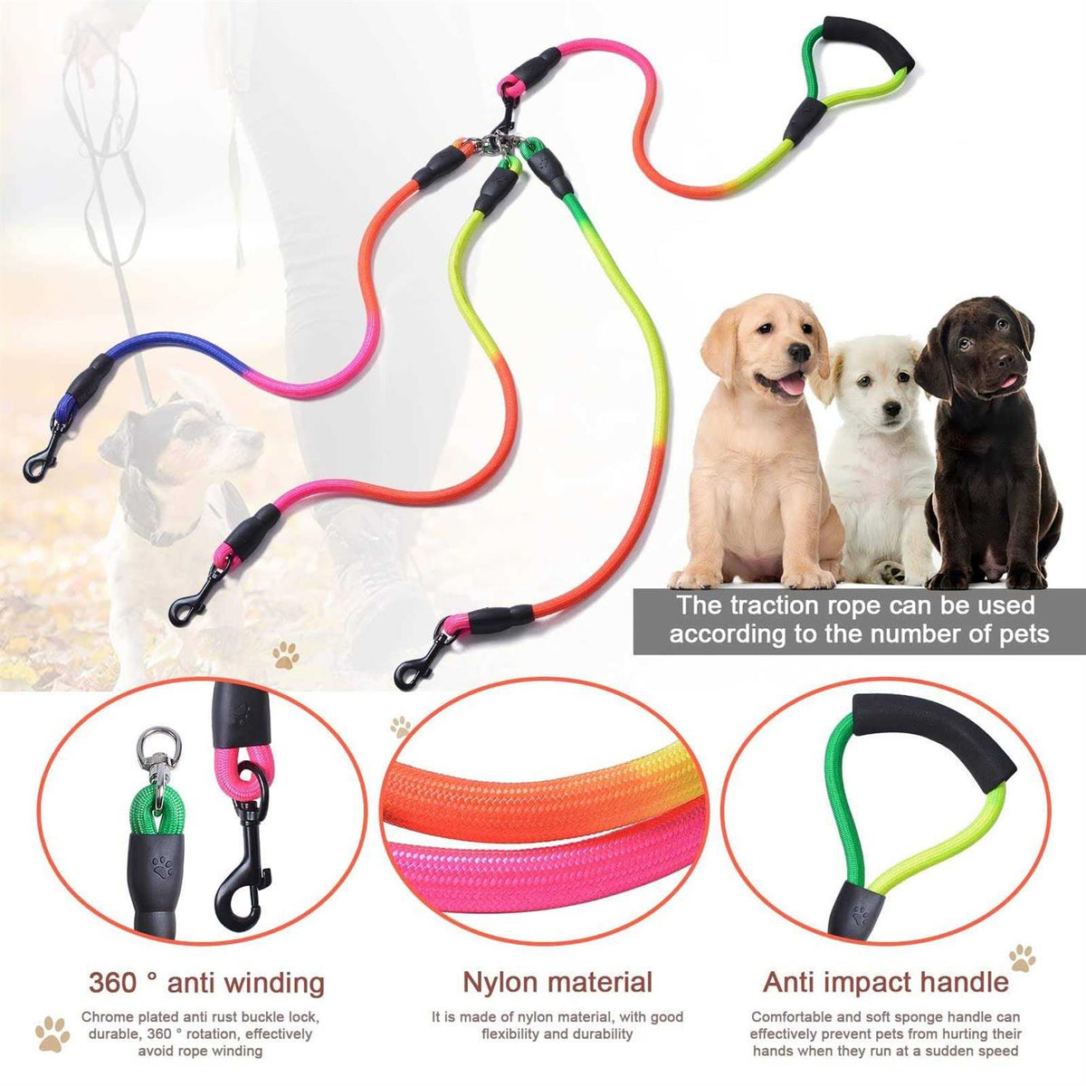 3 Way 75 Inch Detachable Dog Leash with Soft Padded Handle F278
