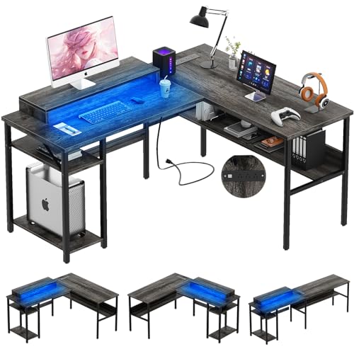 Black Reversible L Shaped Desk with Power Outlets and LED Light G6502
