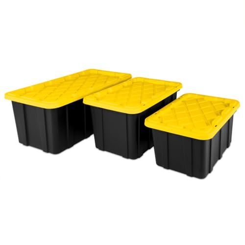 38 Gallon Black/Yellow Stackable Storage Tote with Lid, 8 Pack K913256