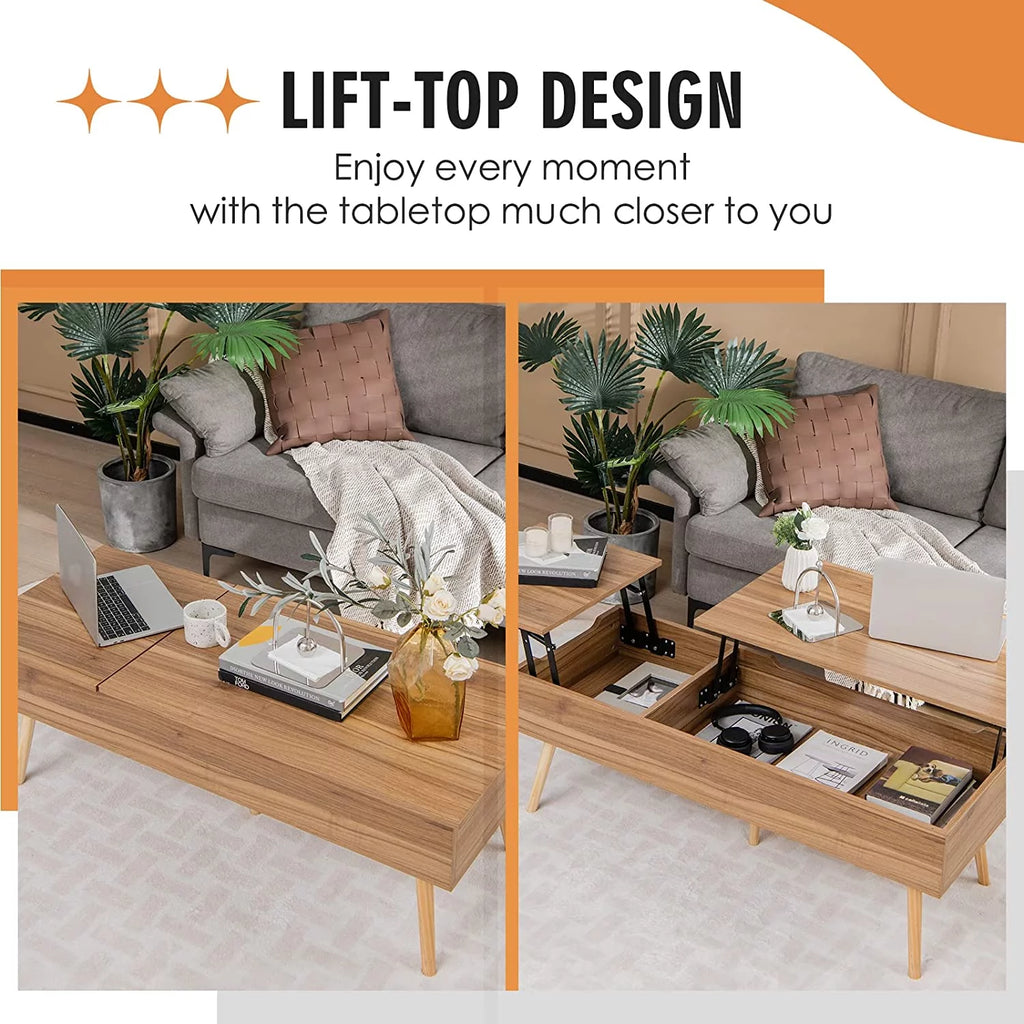 47 Inch Lift Top Coffee Table with Storage, Split Top, 2 Hidden Compartments & 5 Solid Wood Legs, Brown J22134