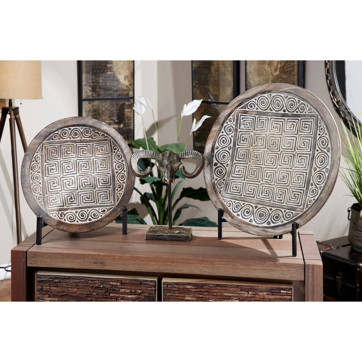 Eclectic Hand-Carved Brown & White Wood Wall Decor, Set of 2 C13770