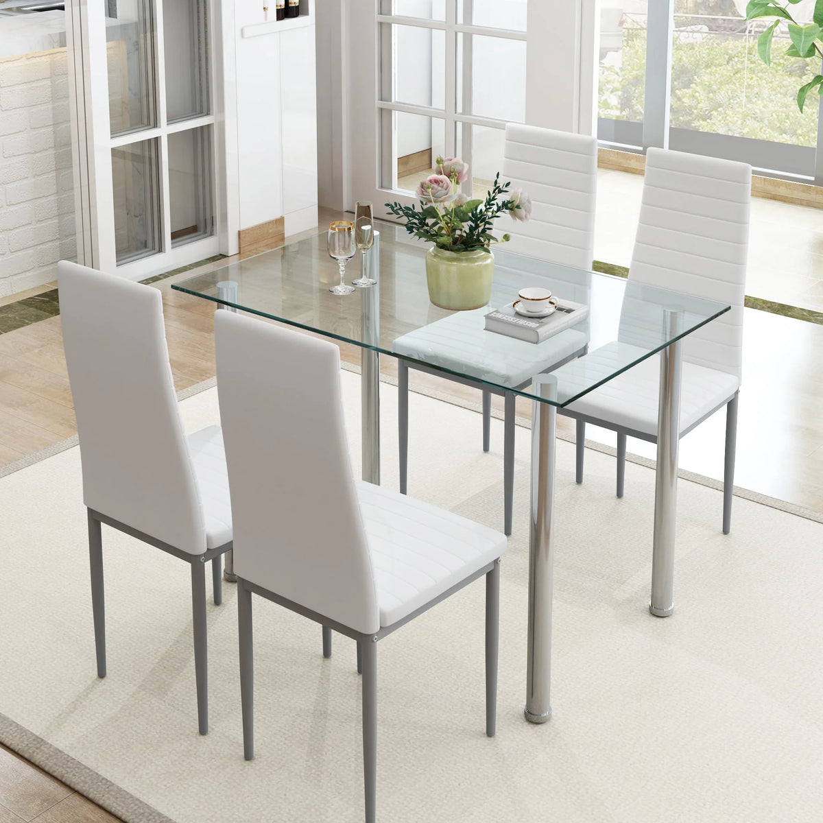 White 5 Pieces Tempered Glass Dining Table Set with 4 Chairs I401