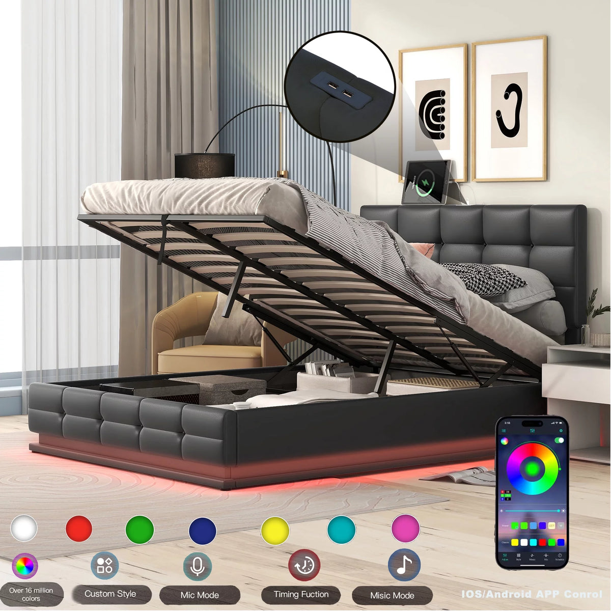 Black Full Size Upholstered Bed Frame with Lift Up Storage D380117