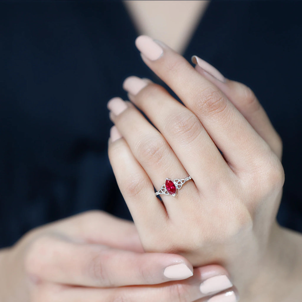 Marquise Shape Lab Grown Ruby Solitaire Ring with Diamond, 925 Sterling Silver, US 4.00 F692248