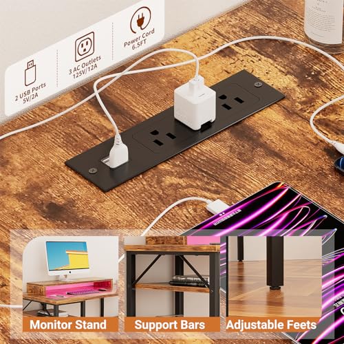 Black Reversible L Shaped Desk with Power Outlets and LED Light G6502