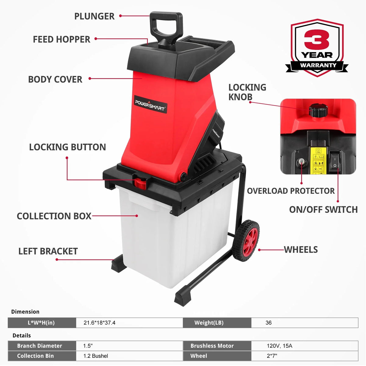 15-Amp Electric Wood Chipper Shredder and Mulcher U67362
