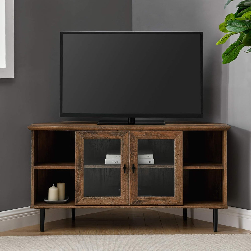 Dark Walnut 48 Inch Wood Corner TV Stand with Glass Cabinet Doors N723