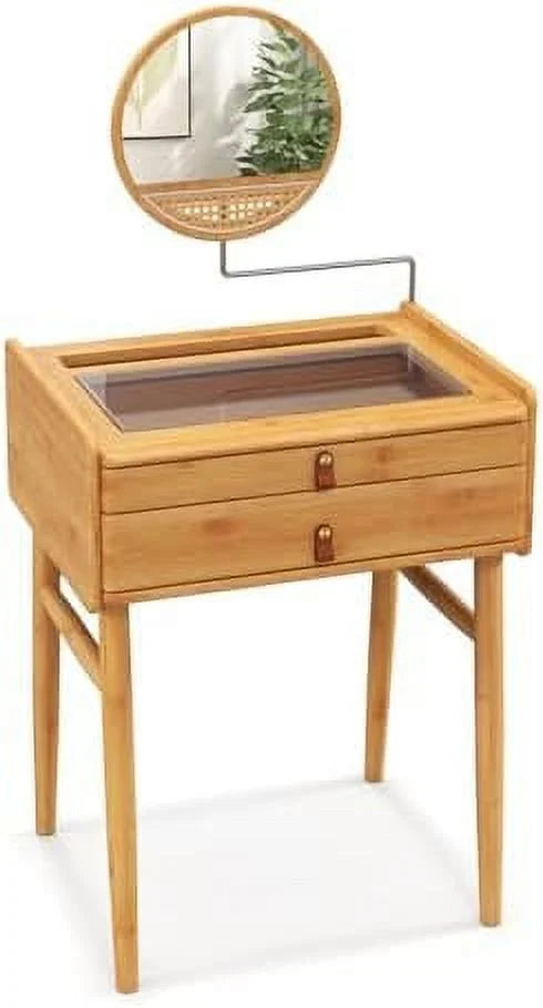 Vanity Desk with Rotating Mirror 2 Drawers Tempered Glass Tabletop D356