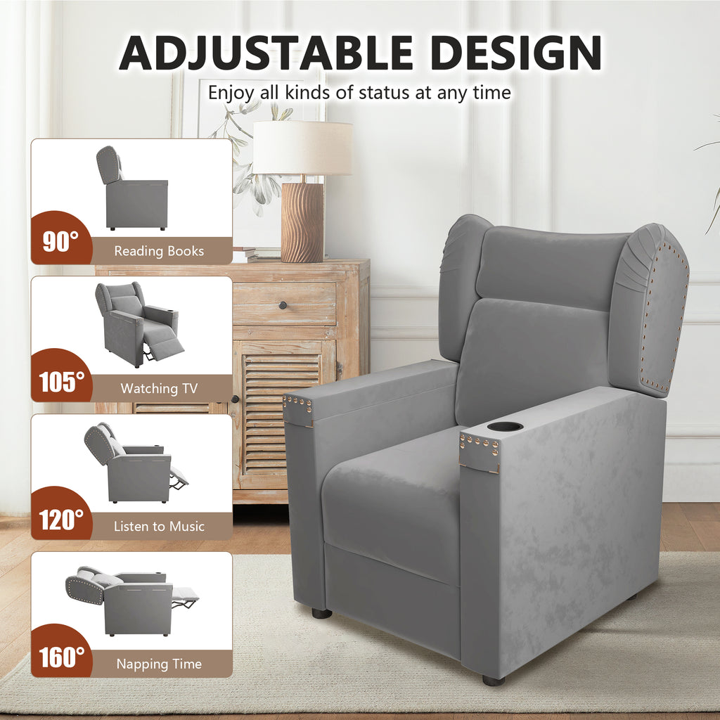 Gray Velvet Recliner Chair with Cup Holder and Table F6759