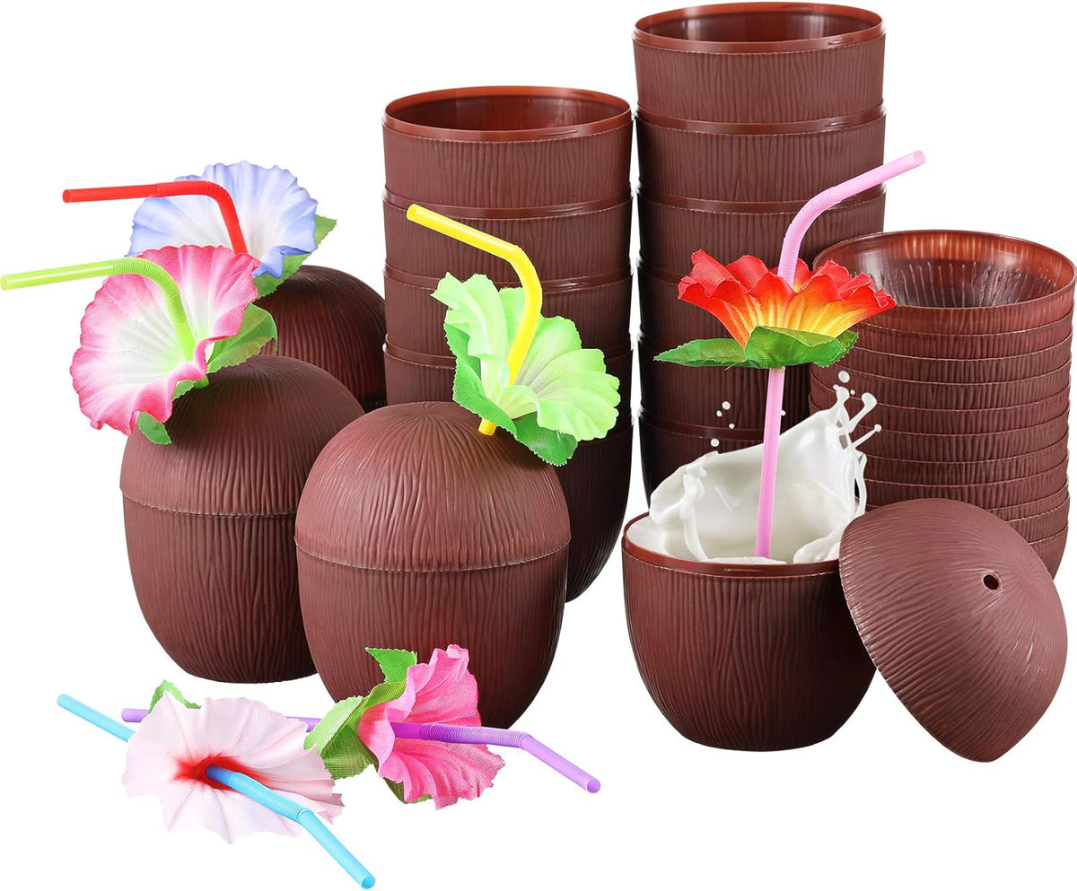 15 Pieces Coconut Cups with 15 Pieces Plastic Colorful Hibiscus Straws S5474