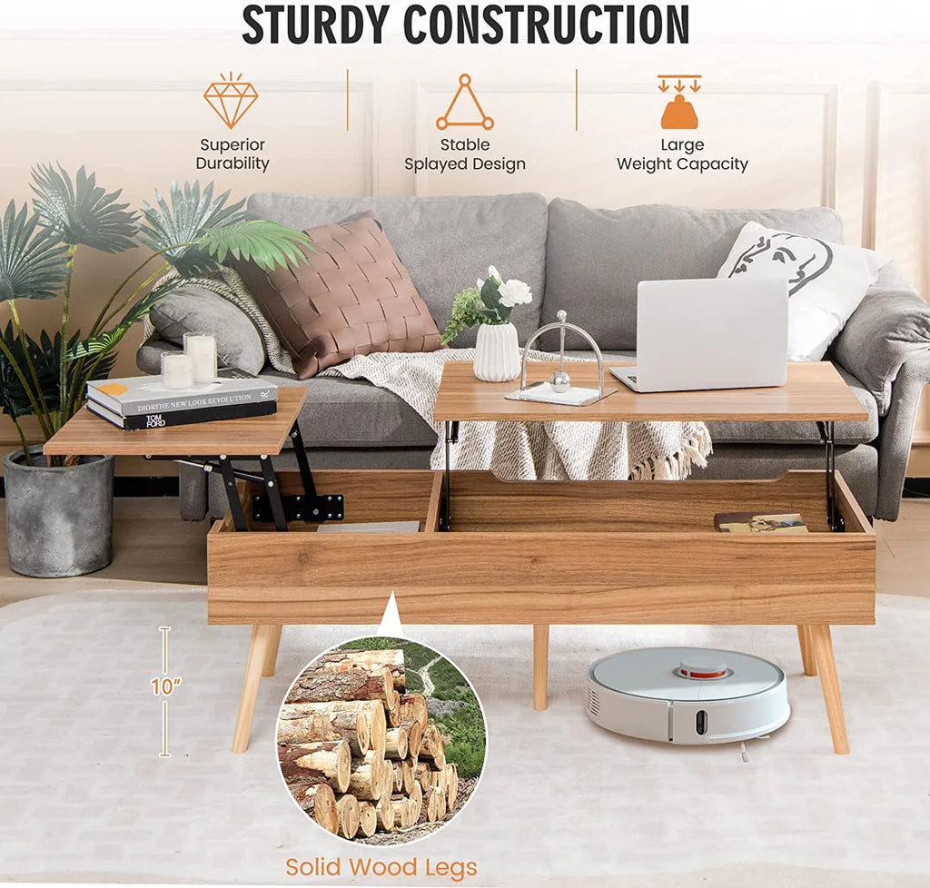 47 Inch Lift Top Coffee Table with Storage, Split Top, 2 Hidden Compartments & 5 Solid Wood Legs, Brown J22134