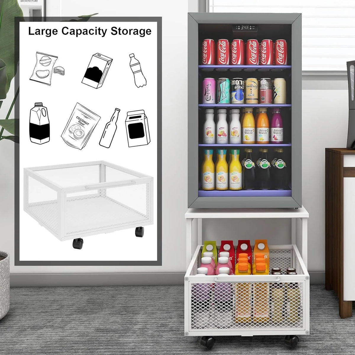 Mobile Mini Fridge Stand with 4 Lockable Wheels Rolling Fridge Cart I6981