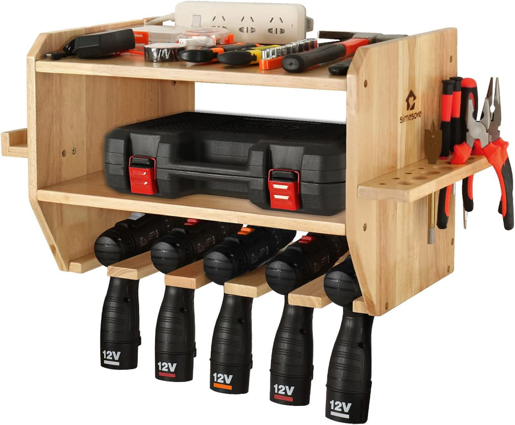 Large Power Tool Organizer, Drill Holder Storage Wall Mounted, 12 Tool Organizer Slots, Solid Wooden Drill Charging Station S203