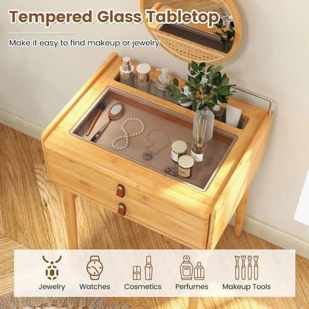 Vanity Desk with Rotating Mirror 2 Drawers Tempered Glass Tabletop D356