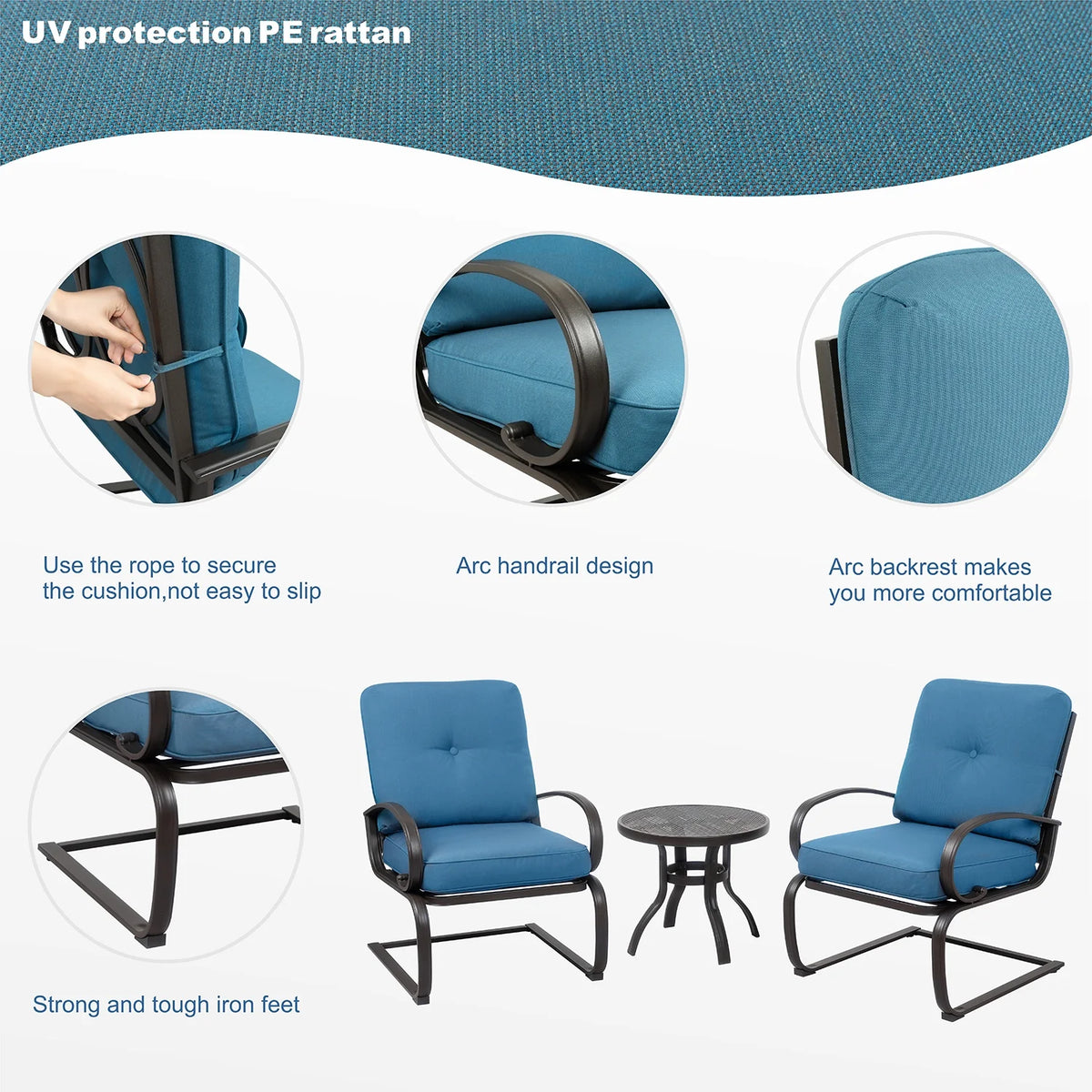 Blue 3-Piece Bistro Set with Cushions & Metal Frame O4978